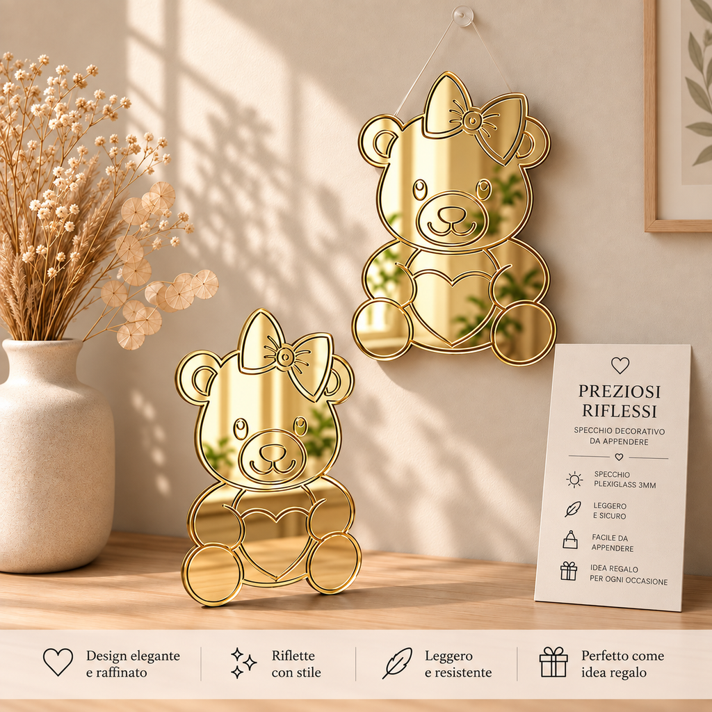 Specchio Decorativo Orsetta in Plexiglass Specchiato Oro o Argento – 14×20 cm