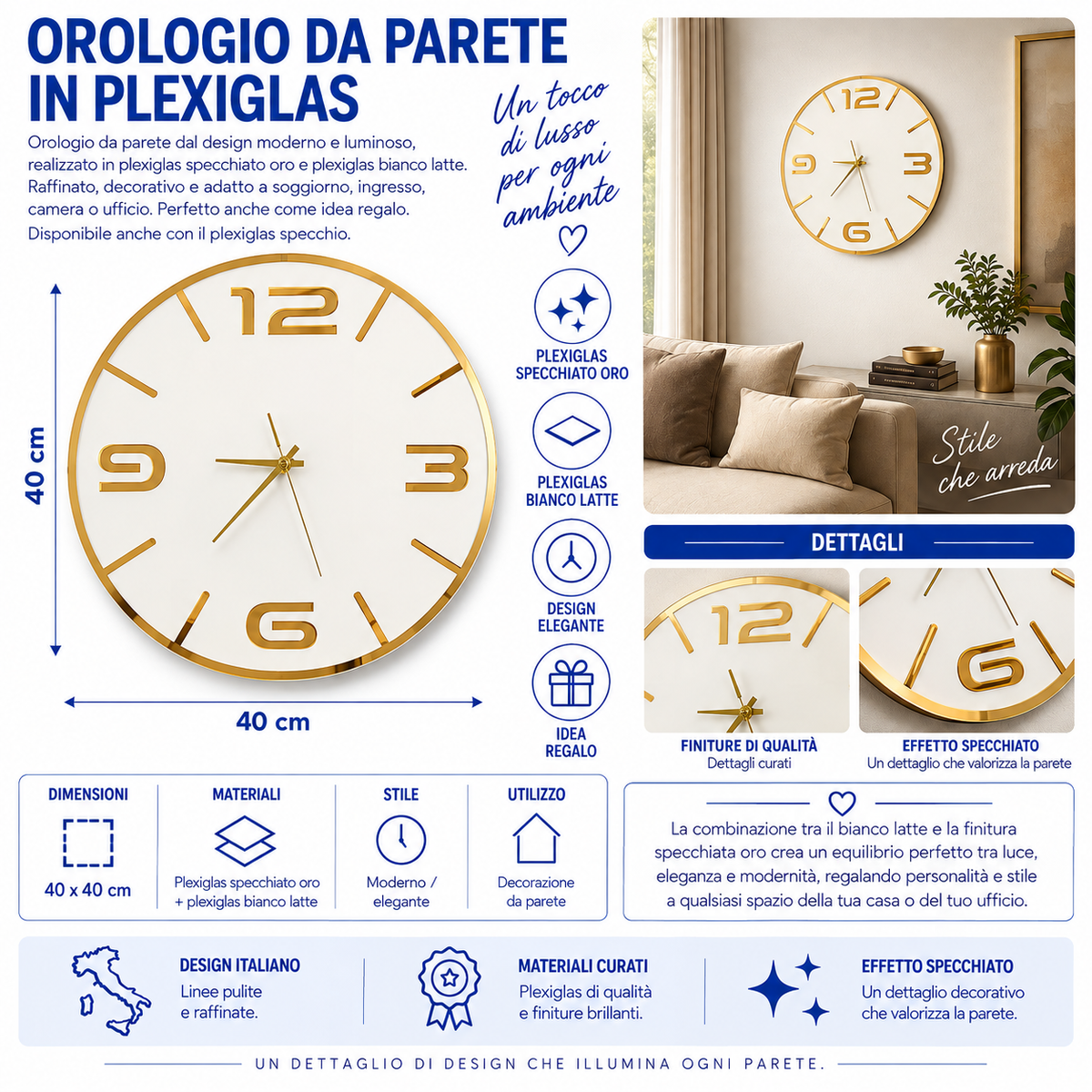 Orologio da Parete Bianco Oro – Plexiglass Specchiato 40×40 cm