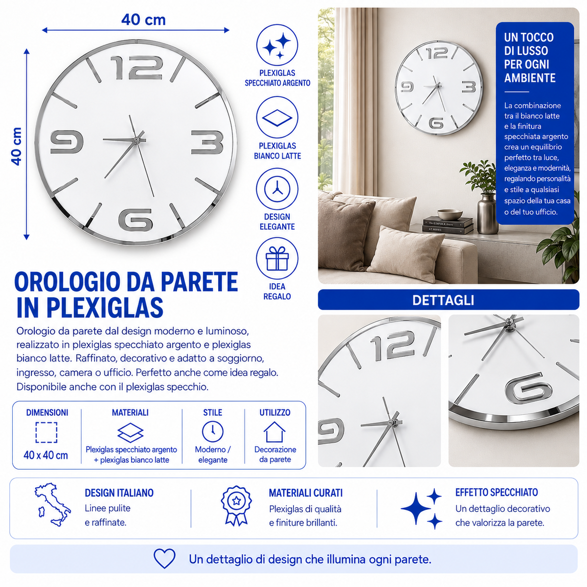 Orologio da Parete Bianco Argento – Plexiglass Specchiato 40×40 cm