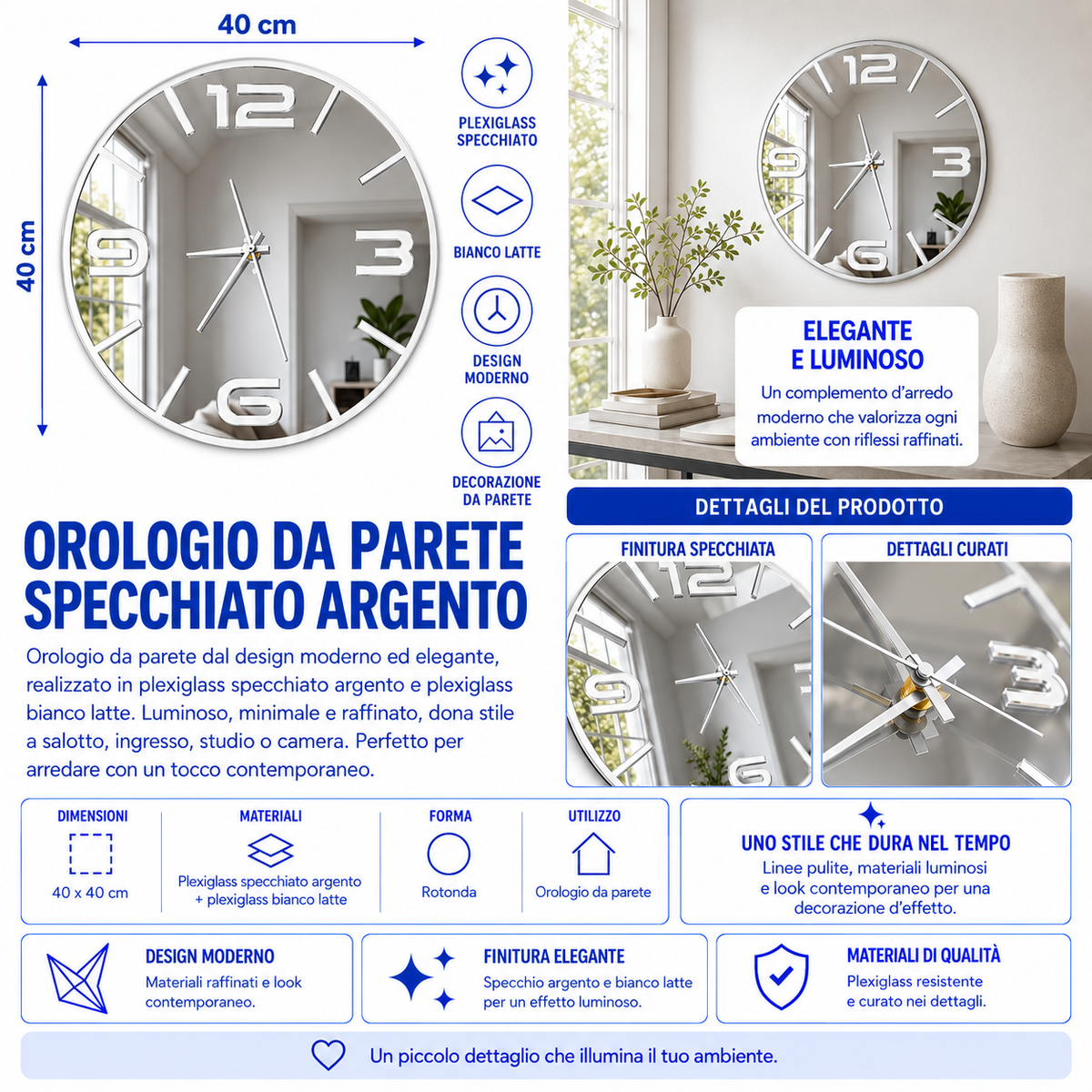 Orologio da Parete Specchio Argento – Plexiglass Specchiato 40×40 cm