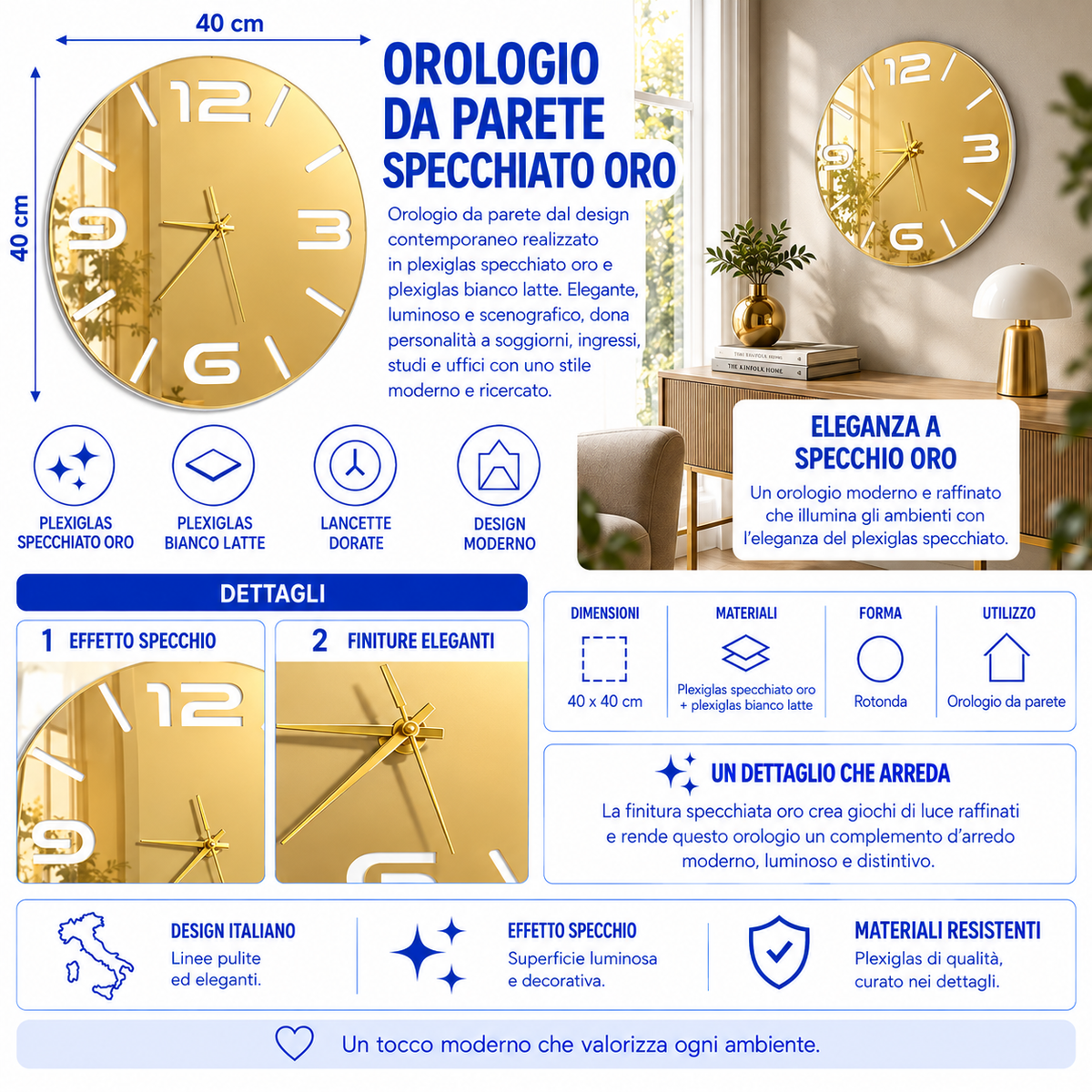 Orologio da Parete Specchio Oro – Plexiglass Oro Specchiato 40×40 cm