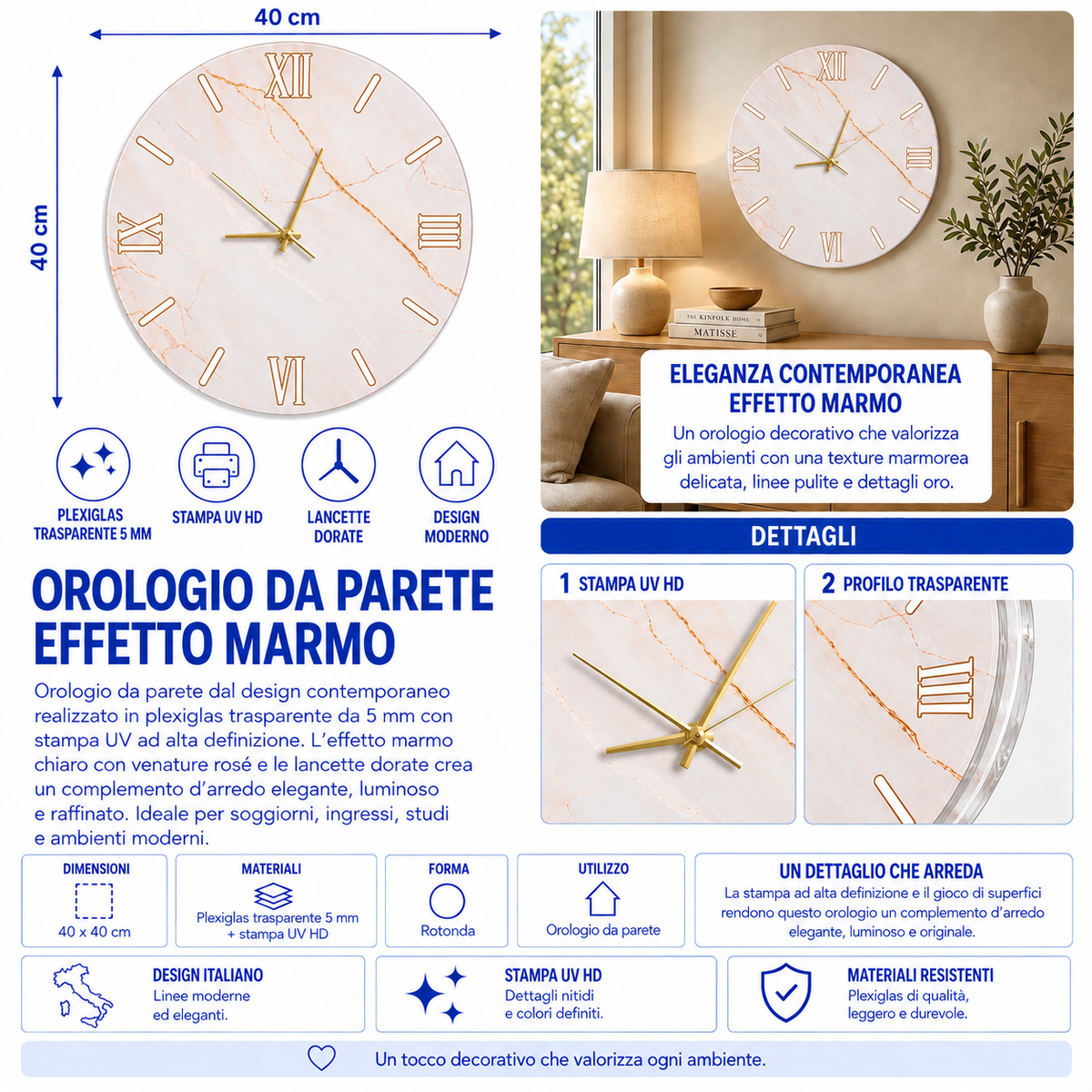 Orologio da Parete Marmo Tondo – Plexiglass con Stampa UV Effetto Marmo 40×40 cm