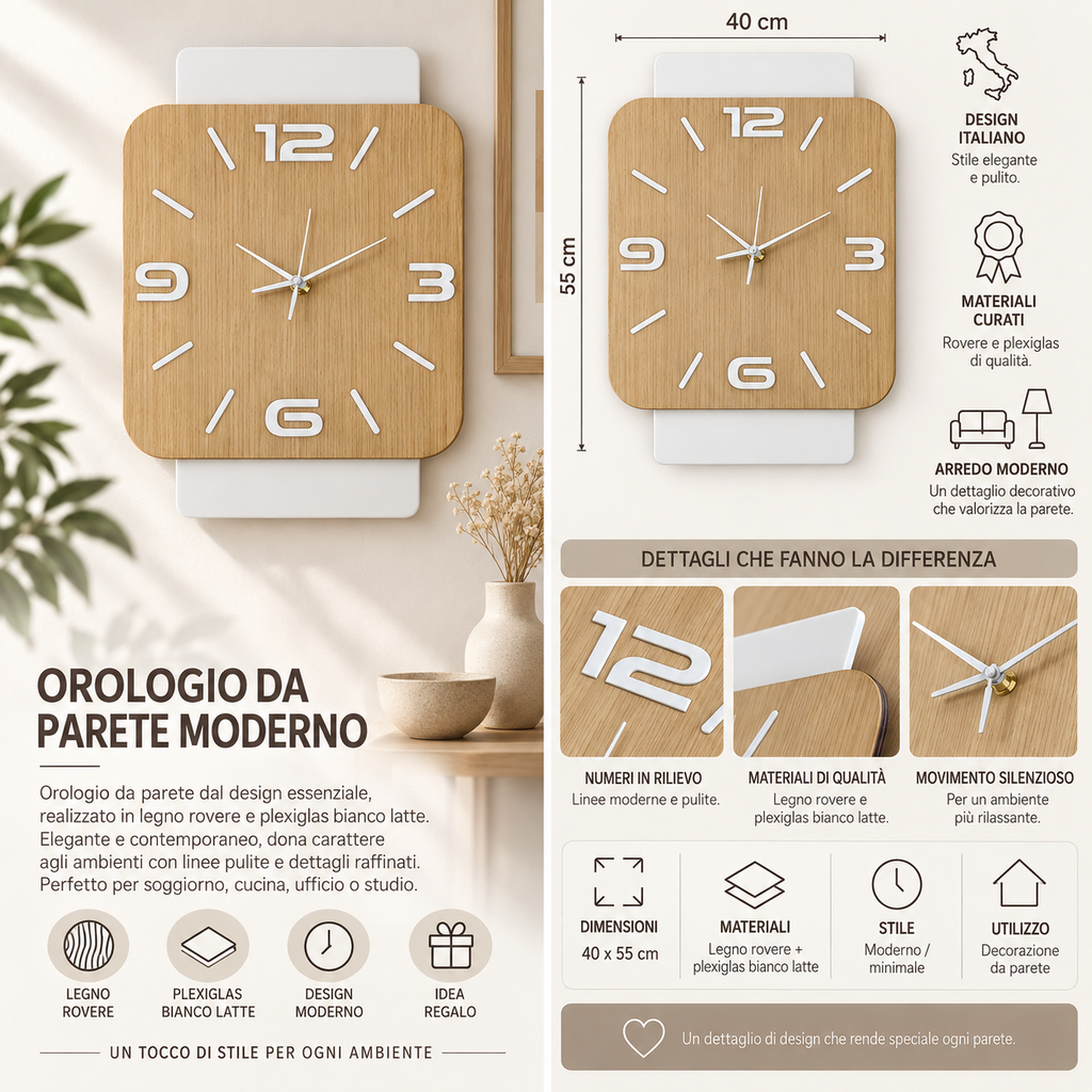 Orologio da Parete Rovere Linea – Legno e Plexiglass Bianco Latte 40×55 cm