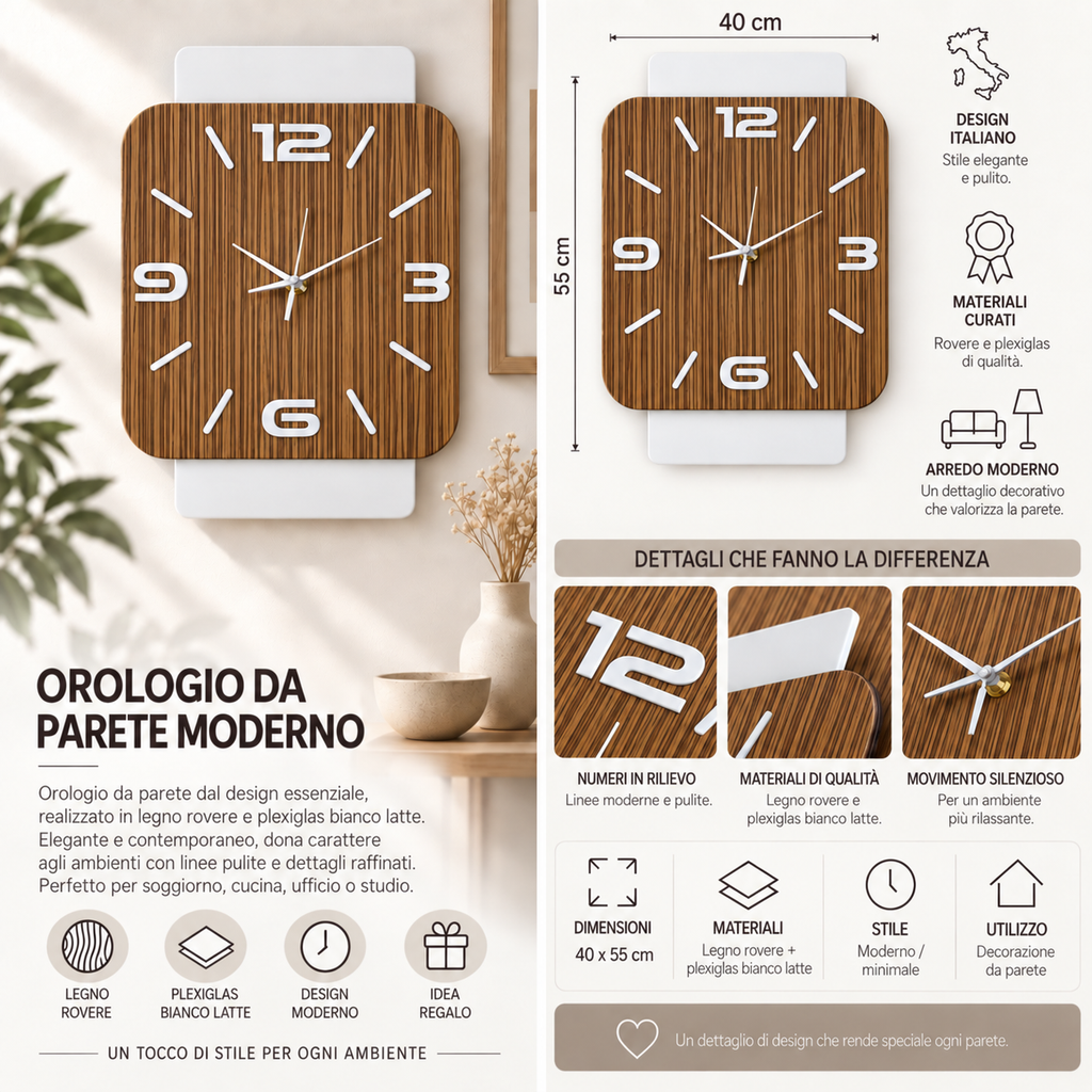 Orologio da Parete Zebrano Linea – Legno e Plexiglass Bianco Latte 40×55 cm