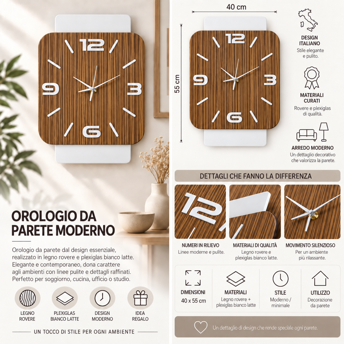 Orologio da Parete Zebrano Linea – Legno e Plexiglass Bianco Latte 40×55 cm