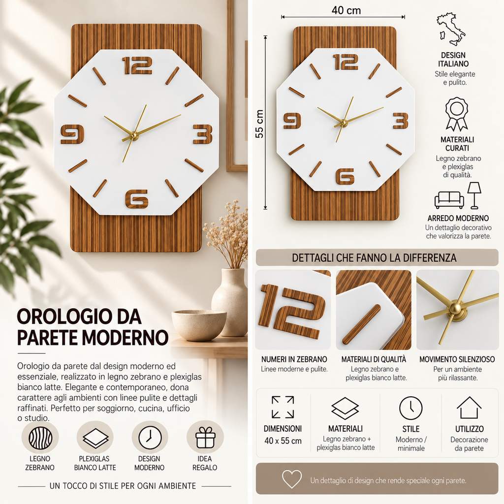 Orologio da Parete Zebrano Ottagono – Legno e Plexiglass Bianco Latte 40×55 cm