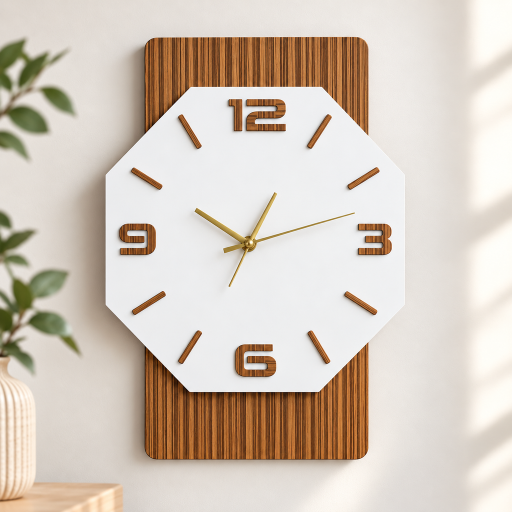 Orologio da Parete Zebrano Ottagono – Legno e Plexiglass Bianco Latte 40×55 cm