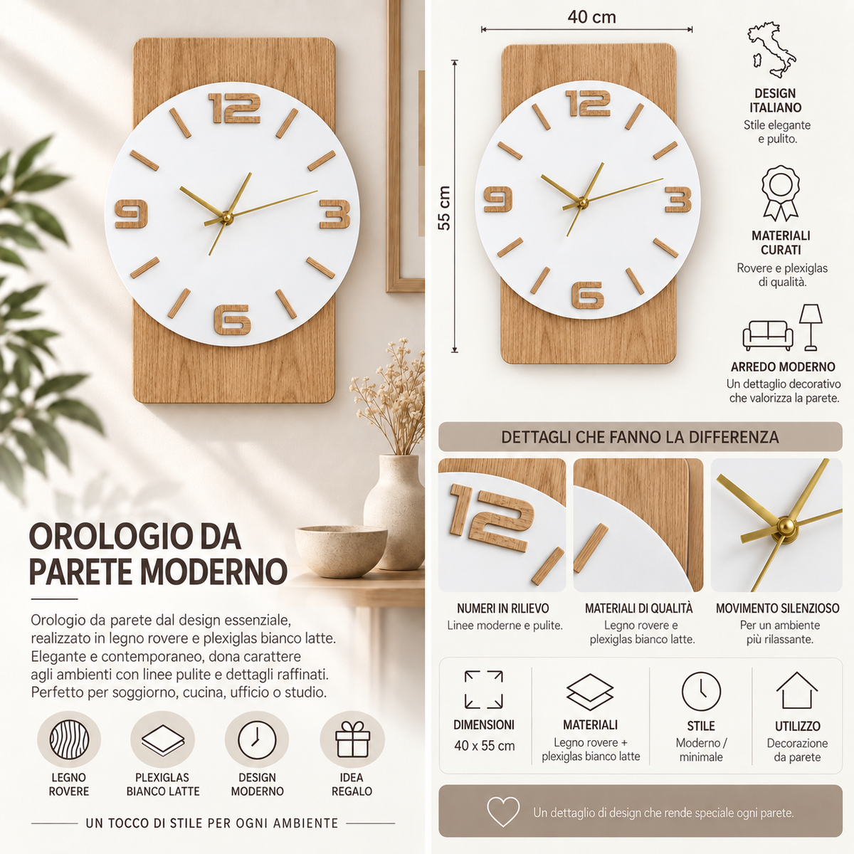 Orologio da Parete Rovere Tondo – Legno e Plexiglass Bianco Latte 40×55 cm