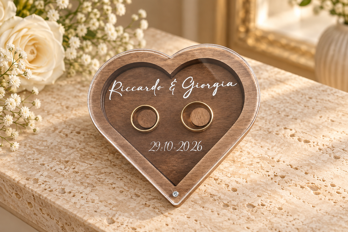 Portafedi Cuore Personalizzato in Legno e Plexiglass – Nomi e Data Matrimonio