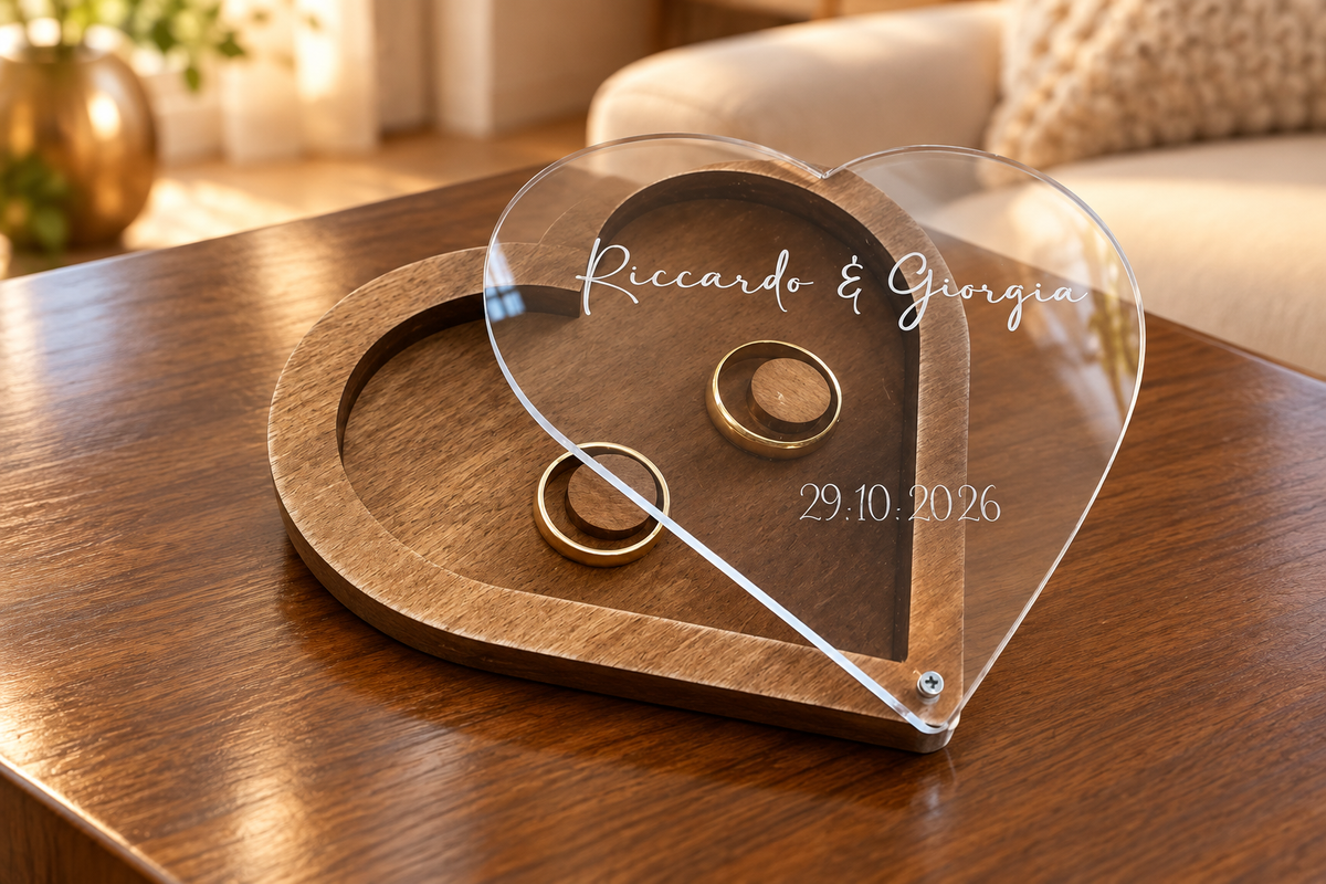 Portafedi Cuore Personalizzato in Legno e Plexiglass – Nomi e Data Matrimonio