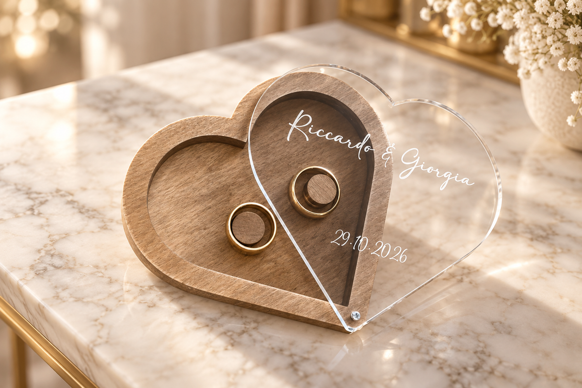 Portafedi Cuore Personalizzato in Legno e Plexiglass – Nomi e Data Matrimonio