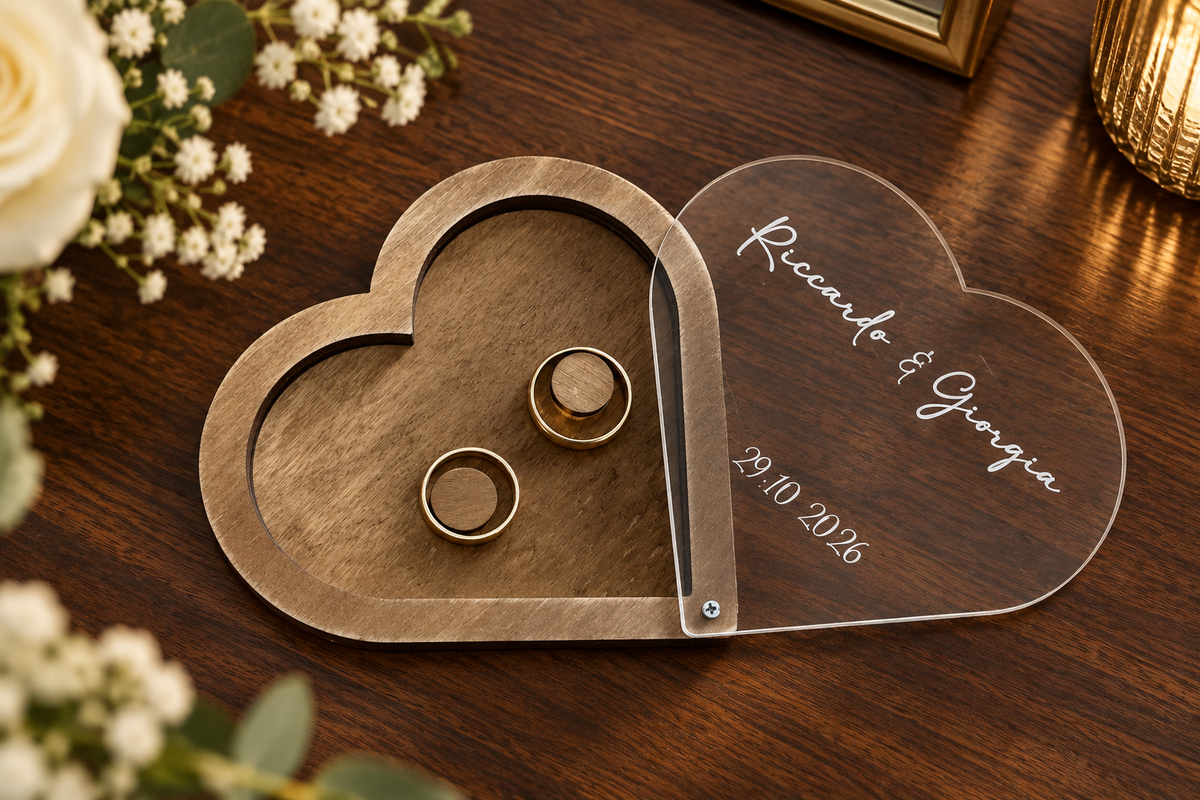 Portafedi Cuore Personalizzato in Legno e Plexiglass – Nomi e Data Matrimonio