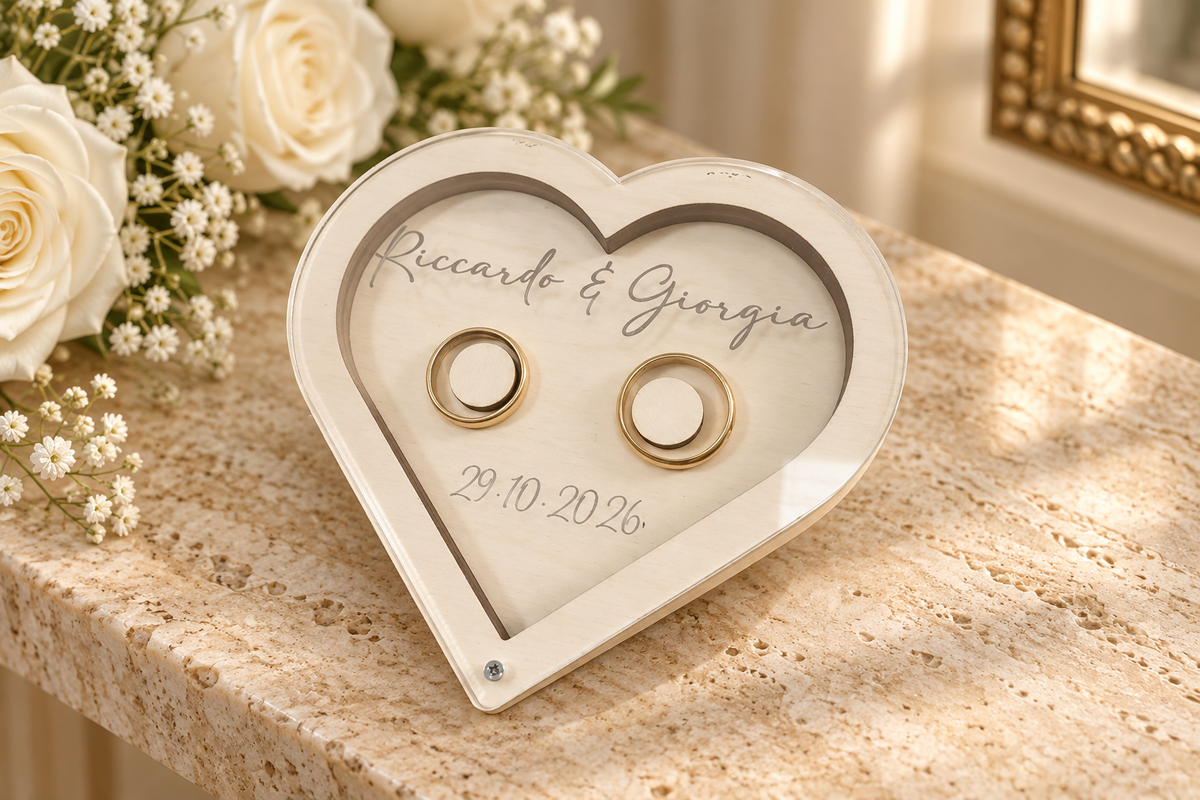 Portafedi Cuore Personalizzato in Legno e Plexiglass – Nomi e Data Matrimonio