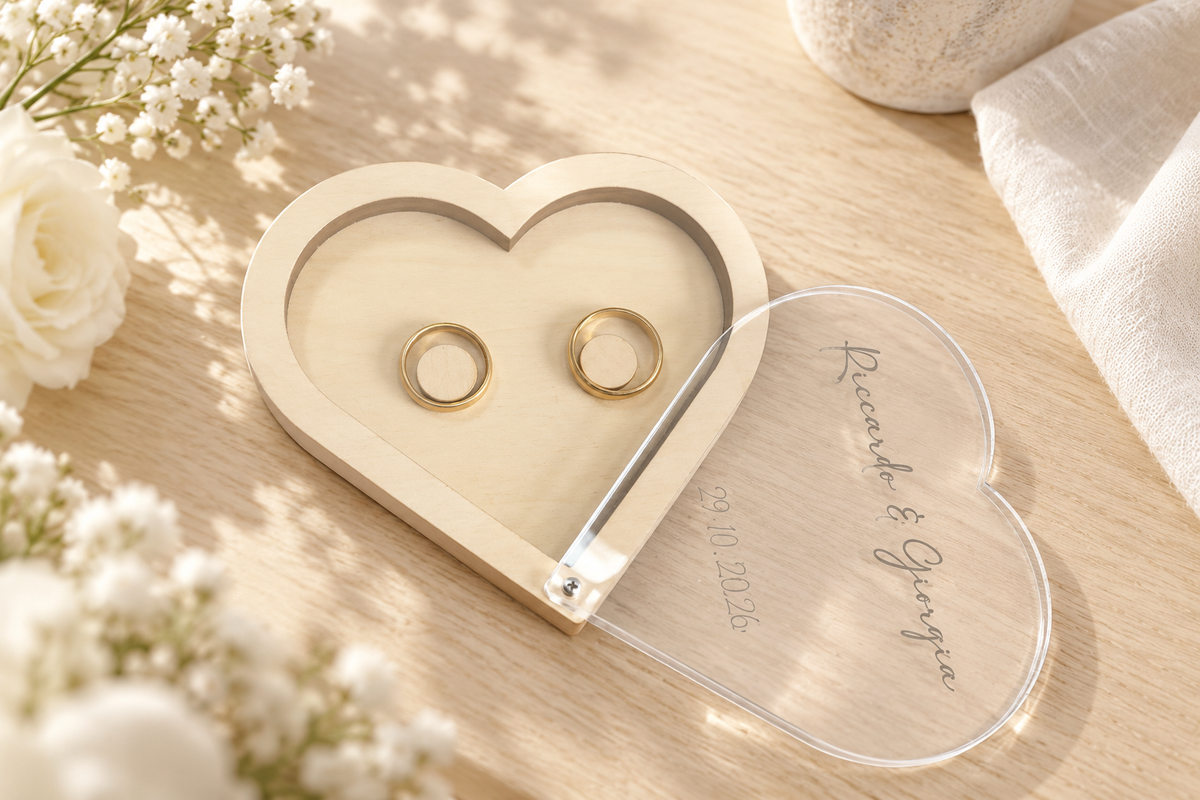 Portafedi Cuore Personalizzato in Legno e Plexiglass – Nomi e Data Matrimonio